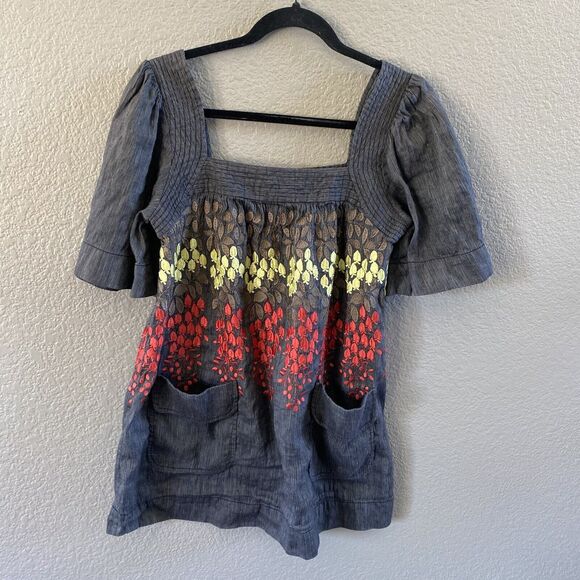 Plenty by Tracy Reese Tunic  Small Gray Linen Blend Embroidered Striped boho - Picture 1 of 11
